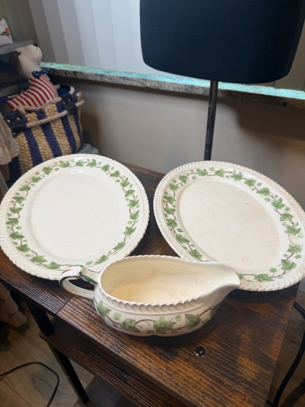 Vintage Harker Pottery Royal Gadroon Green Ivy 2 Serving Platter 1 Gravy Boat